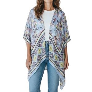 Maurices Caftan Floral Print Kimono Open Front‎ Light Blue Shawl Duster Cover Up